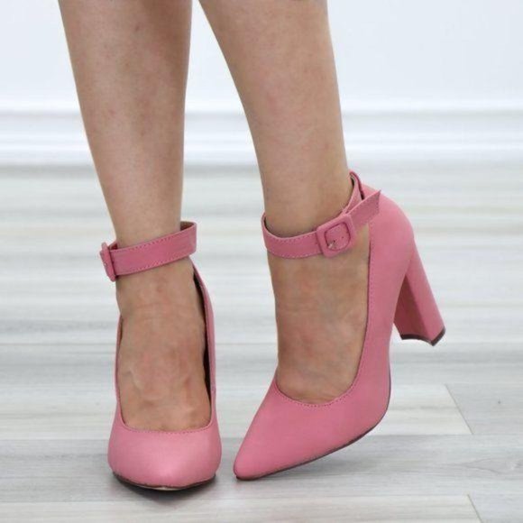 Pink Pointy Toe Ankle Brace Buckle Heels - Picture 5 of 9